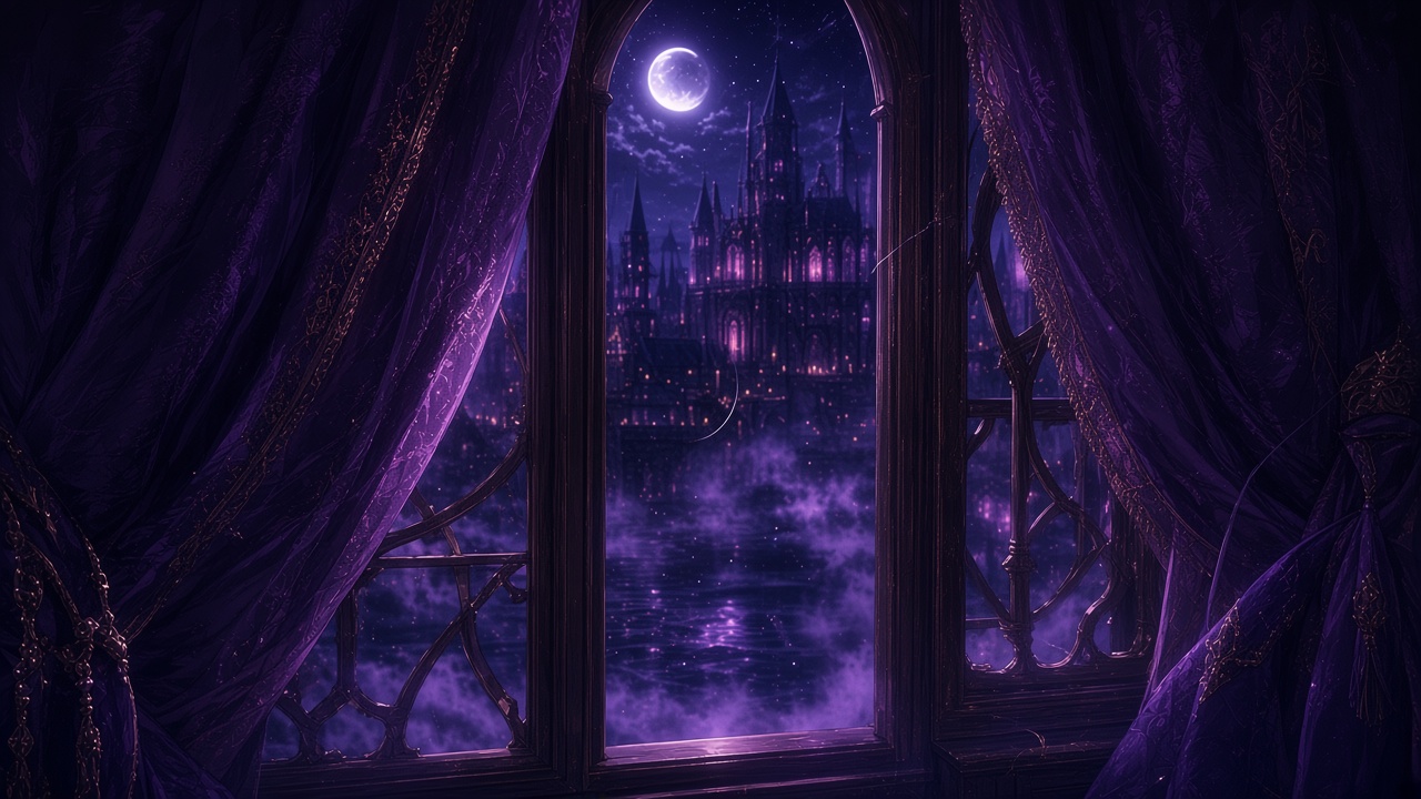 Velvet curtains frame a window as the crescent moon sinks over a misty lake