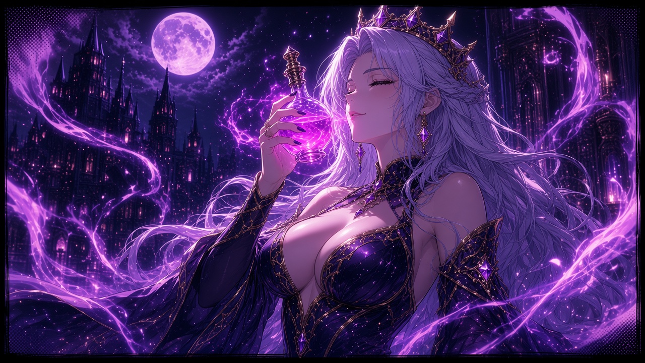 Cassandra sips the elixir as plum and silver-violet light coils around her