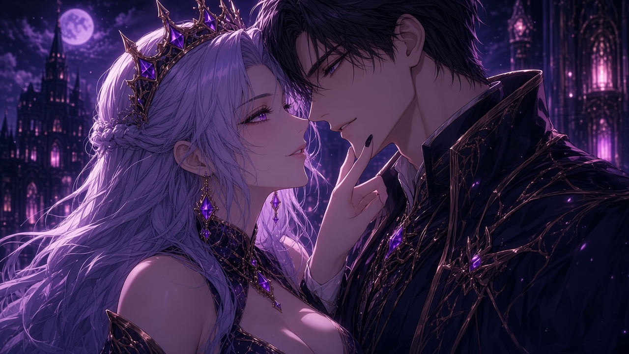 Close-up of Cassandra lifting Lucien's chin with one fingertip, lips almost touching