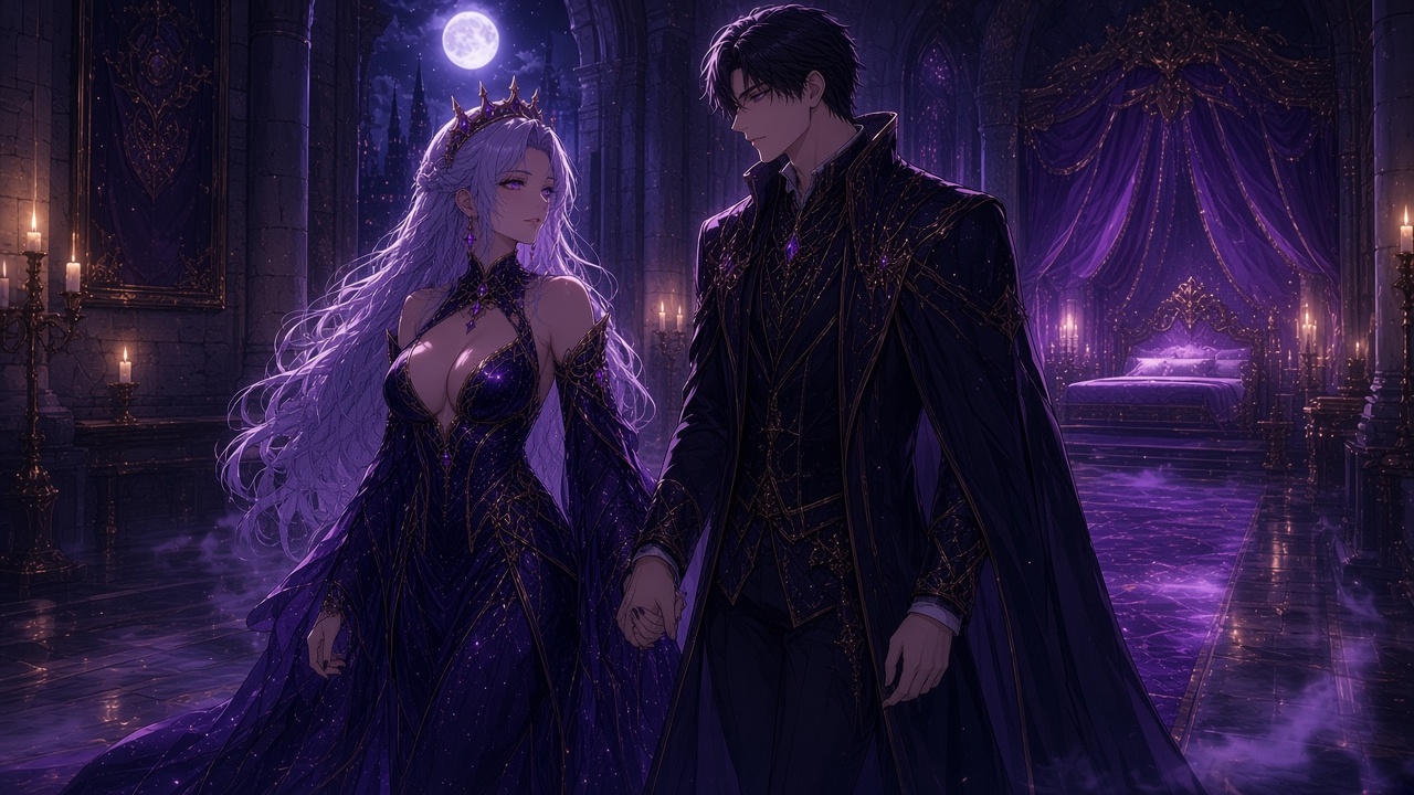 Cassandra leads Lucien by the hand down a candlelit moonstone corridor toward her canopied bedchamber
