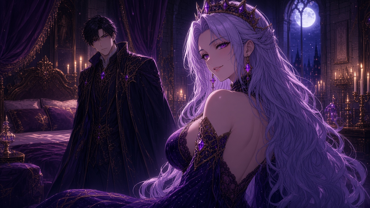 Cassandra with her back turned, starry gown slipping from her shoulders, smiling over her shoulder