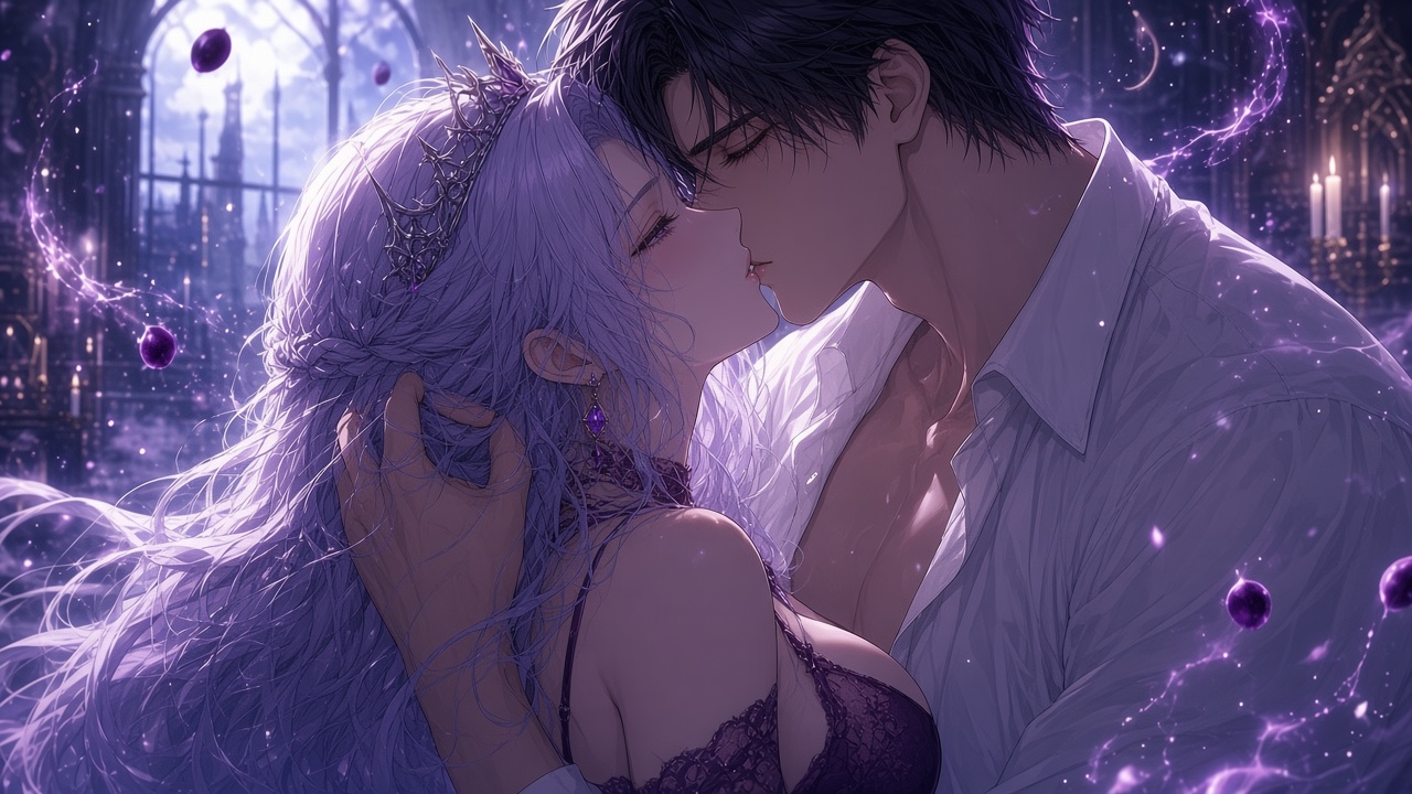 Cassandra and Lucien share a passionate kiss amid swirling plum sparks