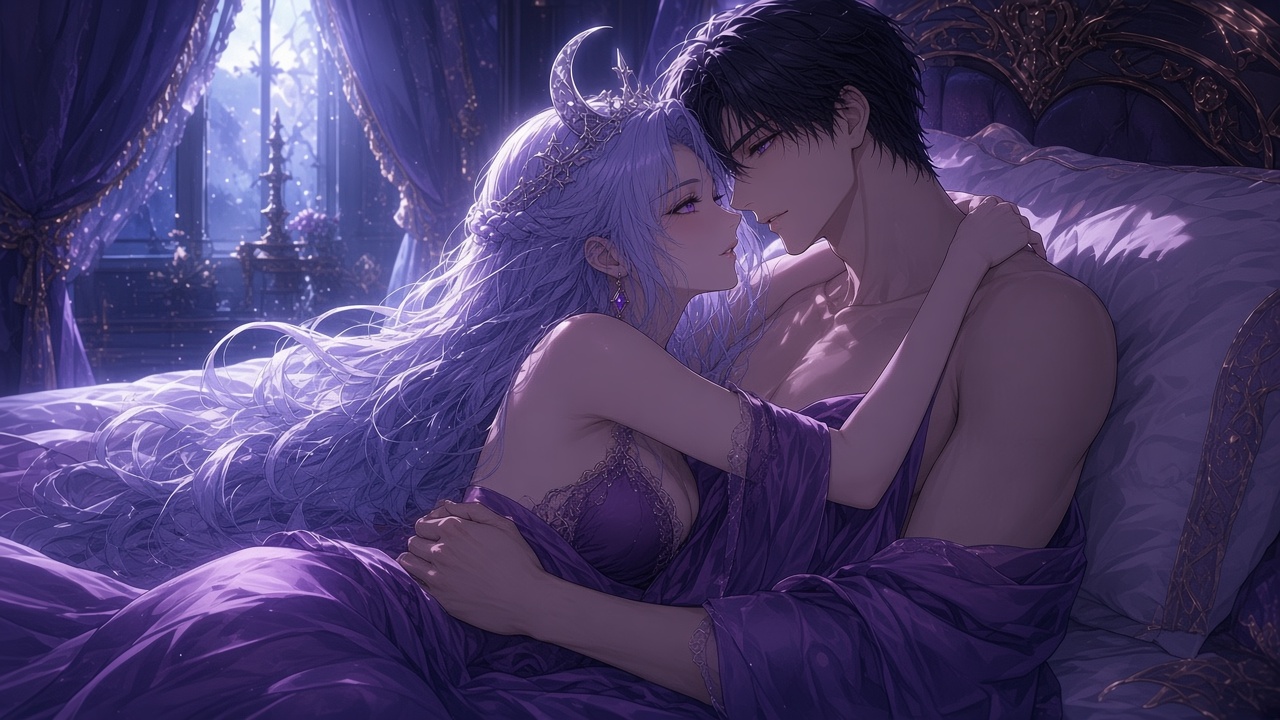 Cassandra and Lucien tangled together in violet silk sheets, faces close