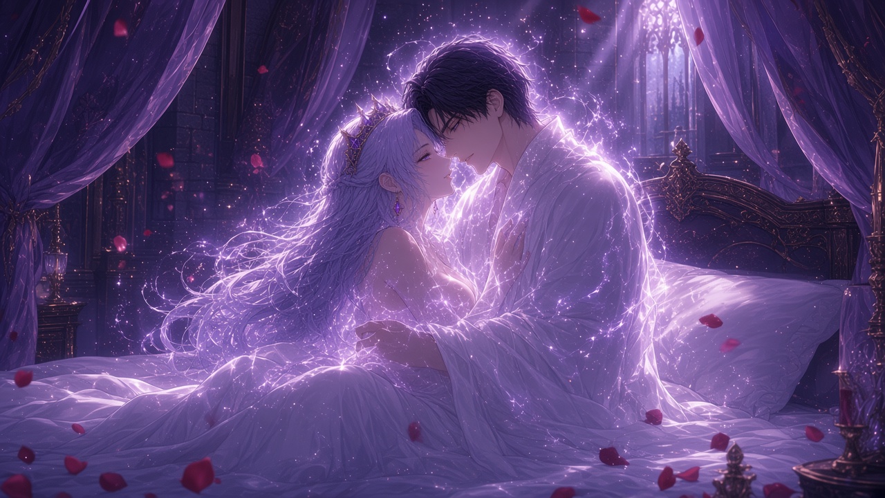 A shimmering plum aura blooms around the embracing pair as rose petals drift